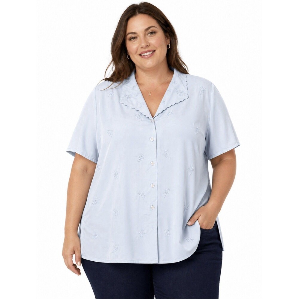 Laura Scott 18W Light Blue Embroidered Short-Sleeve Button Front Top DantyFloral